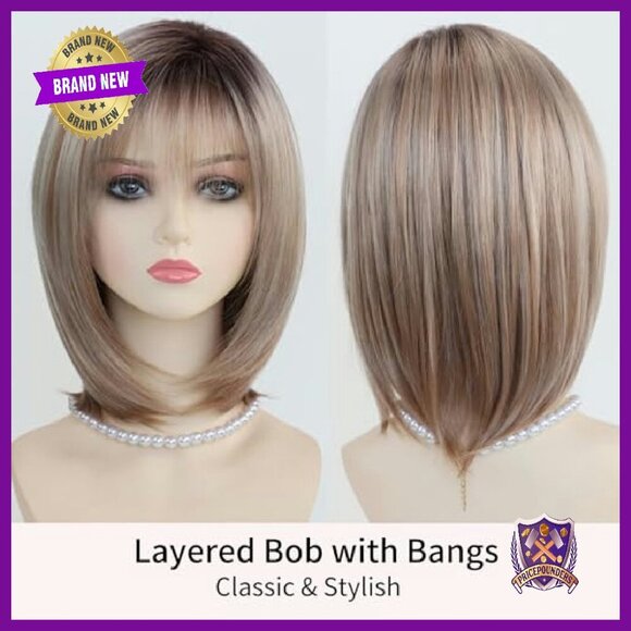 Synthetic Layered Bob Wig with Bangs, 12 Inch, Heat Resistant main image 5